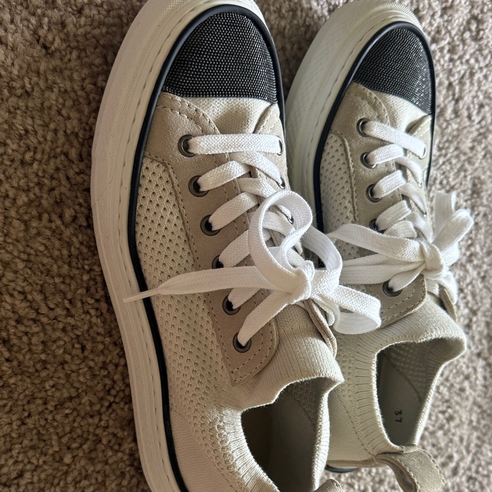 Brunello Cucinelli Cream Sneakers with Black Toe Caps - Picture 7 of 7